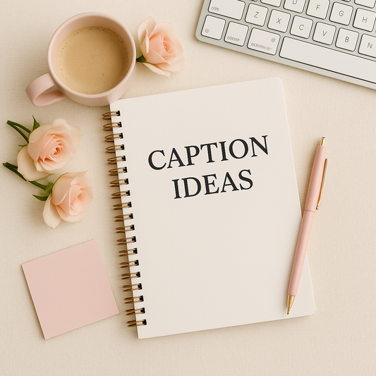 Flat lay of a spiral notebook labeled “Caption Ideas” with a pink pen, roses, coffee mug, keyboard, and sticky note on a soft cream background for a calm content planning vibe.