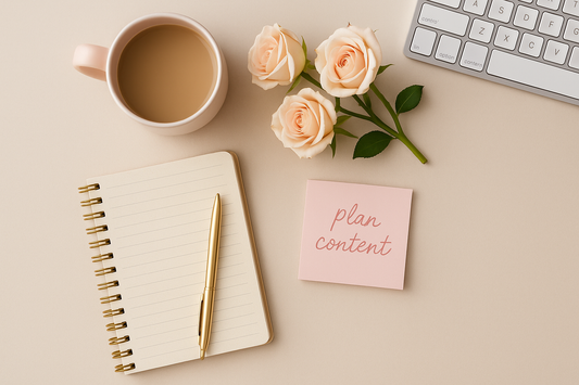 Flat lay with roses, coffee, gold pen on notebook, sticky note labeled "plan content," and a white keyboard on a soft beige background for a calm creator workspace.